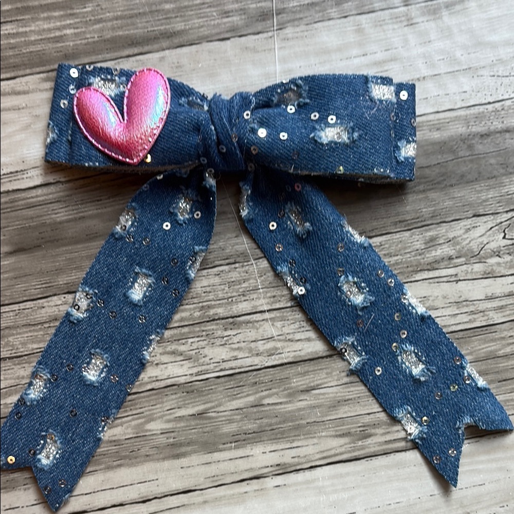 Blue and Pink Denim Hair Bow with Heart Accent